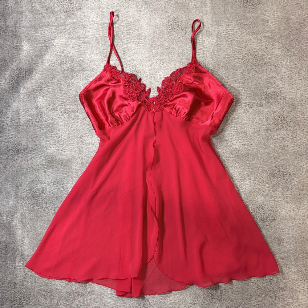 Red Satin Embroidered Floral Babydoll